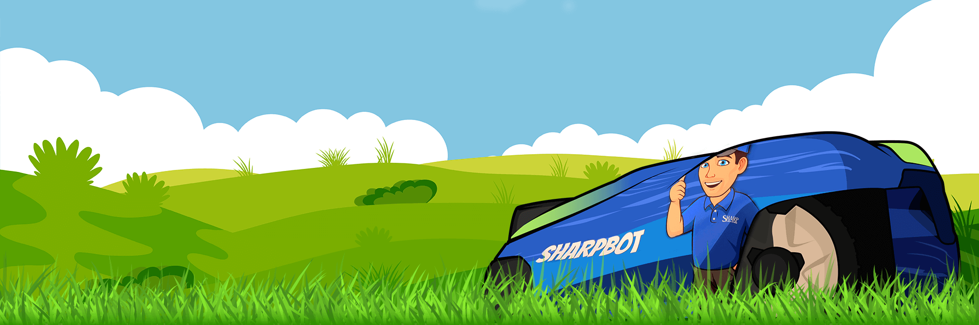 SharpBot graphic in lawn.