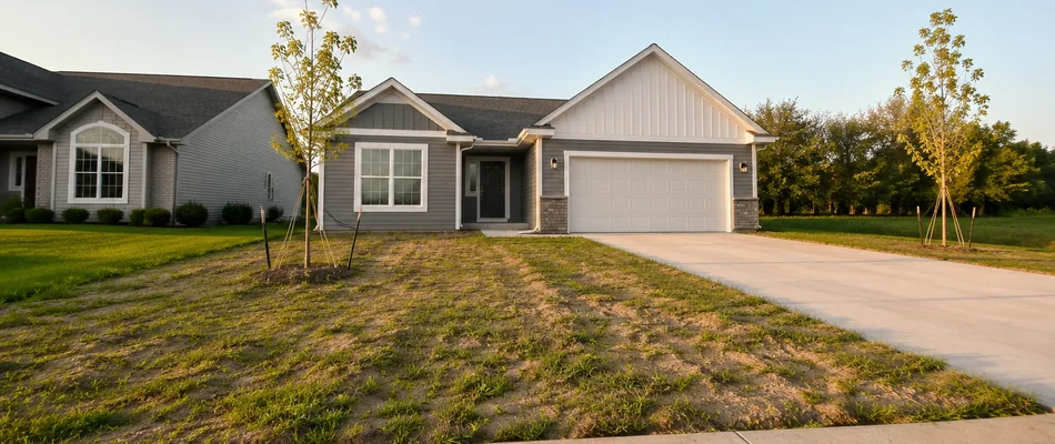Thin patchy first-year lawn at a new construction home in the Sioux Falls, SD metro with bare soil showing through