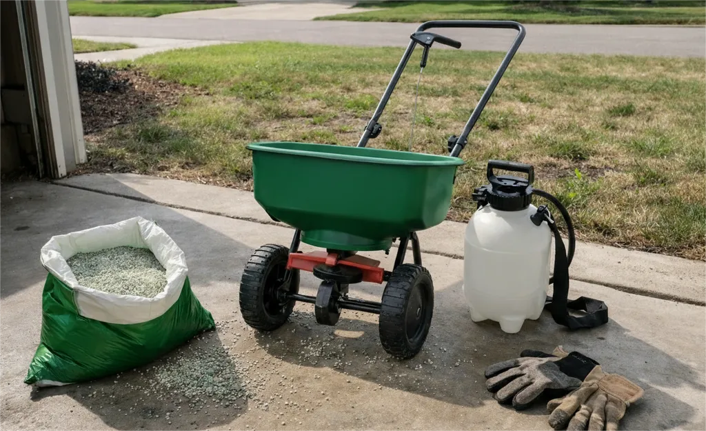 DIY lawn care supplies including a broadcast spreader, pump sprayer, fertilizer bag, and work gloves on a residential driveway