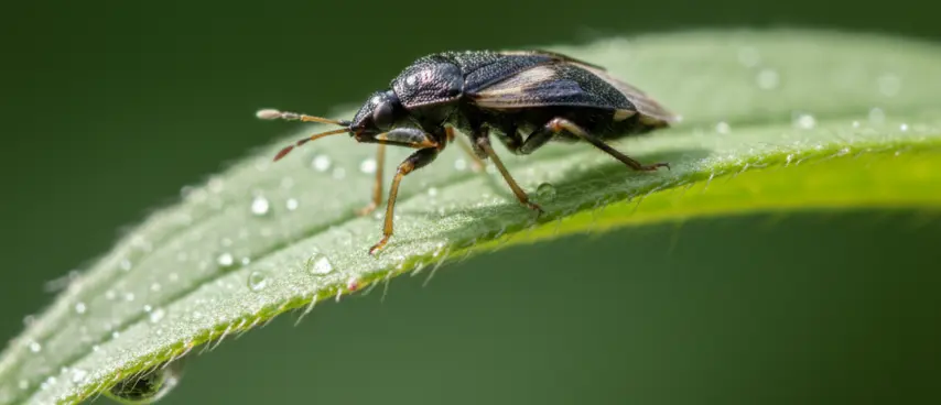 Close-up of a minute pirate bug (Orius) on a fence in Sioux Falls, SD.