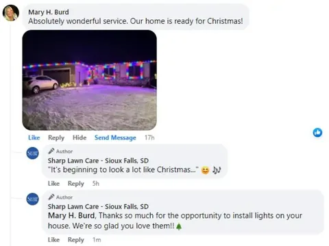 Screenshot of the Facebook review quoted above, posted with a photo of the customer’s lit house