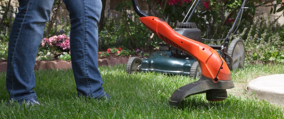 Homeowner edging and trimming lawn that mower could not reach in Le Mars, IA.