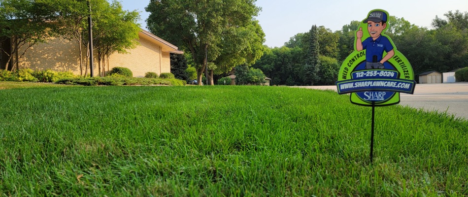 Signage from Sharp Lawn Care placed in client's lawn in Sergeant Bluff, IA.