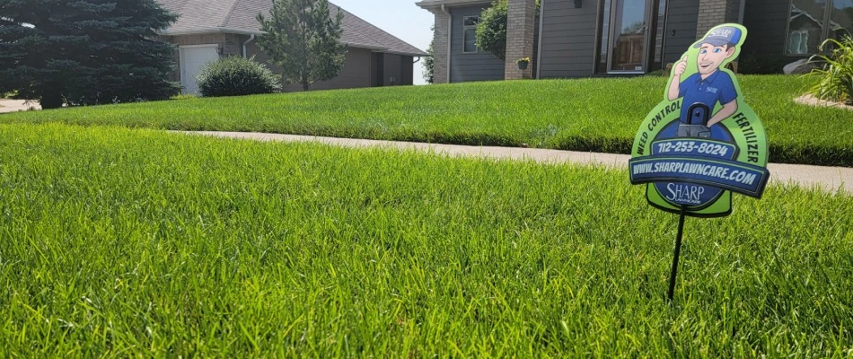 A signage from Sharp Lawn Care placed in a yard in Sloan, IA.