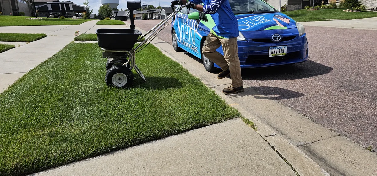 Sharp Lawn Care technician with a spreader near a service truck in the Siouxland area