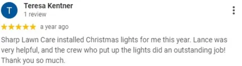 Screenshot of the Google review quoted above from a Sioux City Christmas light customer