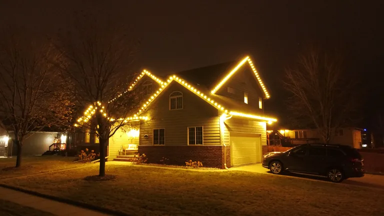 Aerial view at night of a home with a warm white Christmas light line carried across three gables, bare winter trees in the yard