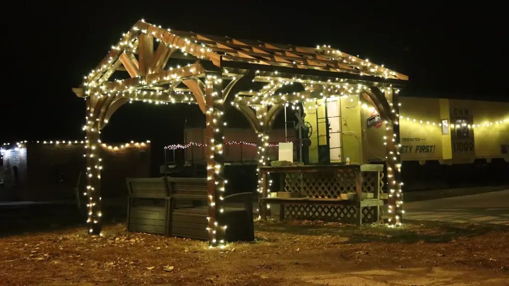 A gazebo at a Siouxland venue wrapped in string lights along every frame member and around the roof