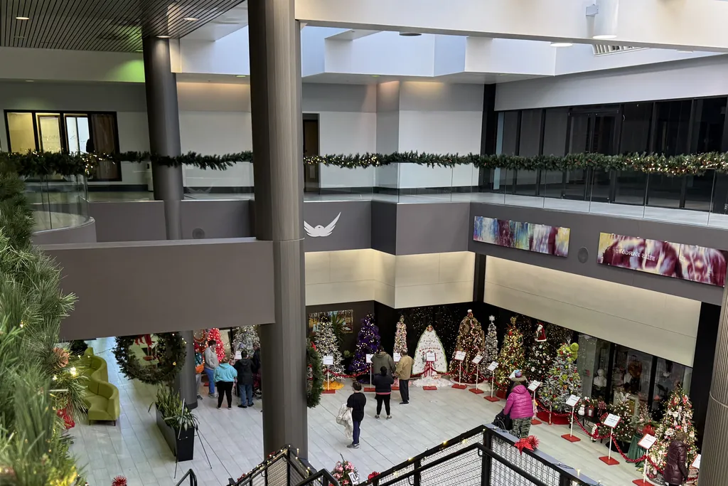 The atrium of a downtown Sioux City building dressed for a holiday event