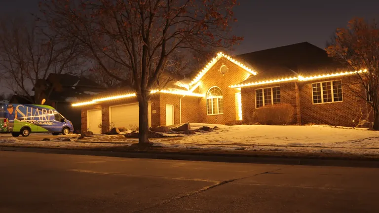 A Sharp Lawn Care van parked at a Sioux Falls home with Christmas lights on the roofline and snow on the lawn