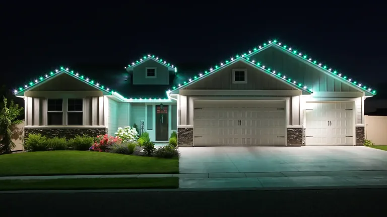 A festive Sioux Falls, South Dakota home at night with Christmas lights on the roofline, the porch and the shrubs
