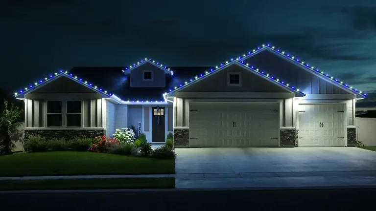 A Sioux Falls home at night with a cool blue Christmas light line carried straight along the roof ridge and down both rakes