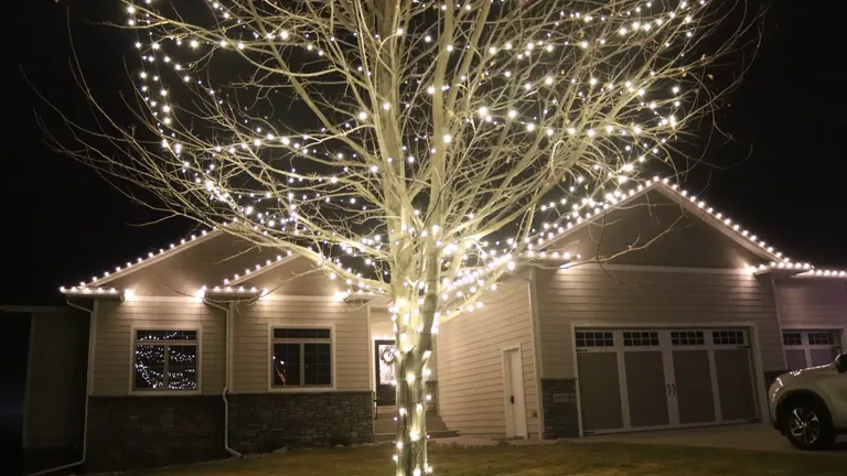 A wrapped tree and a warm white Christmas light roofline on a two-story home at night