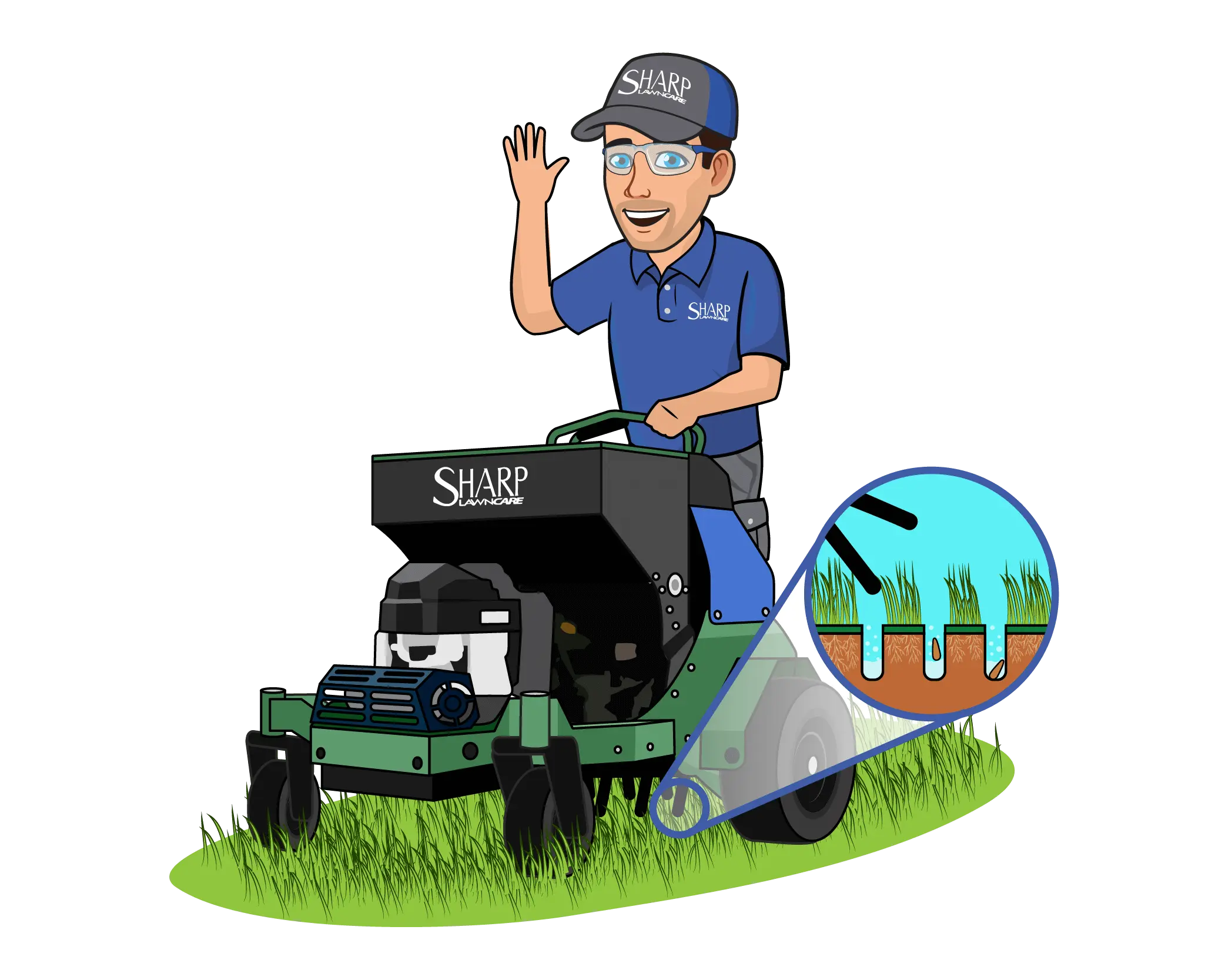 Sharp Lawn Care mascot using hand spreader for lawn fertilization.