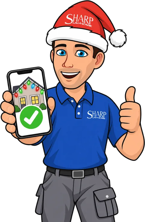 Sharp Lawn Care installer holding a phone that shows a finished Christmas light install with a green check mark