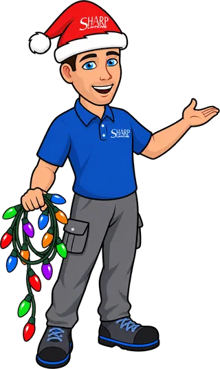 Sharp Lawn Care installer holding a coil of multicolor Christmas lights