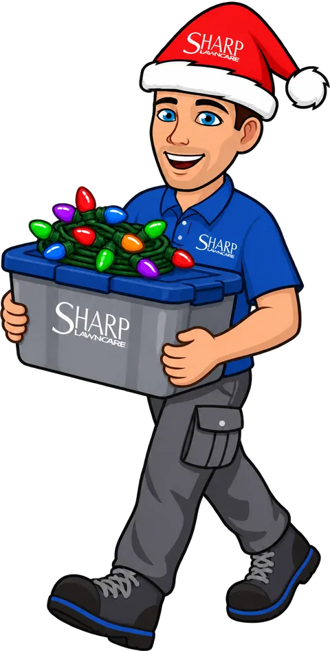 Sharp Lawn Care crew member carrying a tote of multicolor Christmas light strands during a January takedown