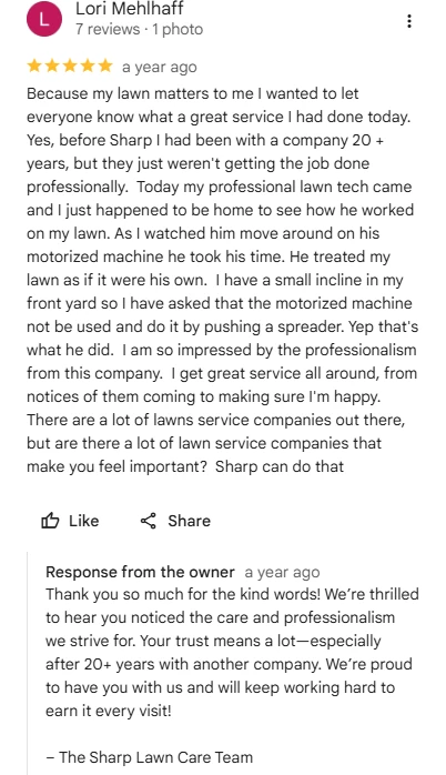 Lori Mehlhaff, five-star Google review of Sharp Lawn Care