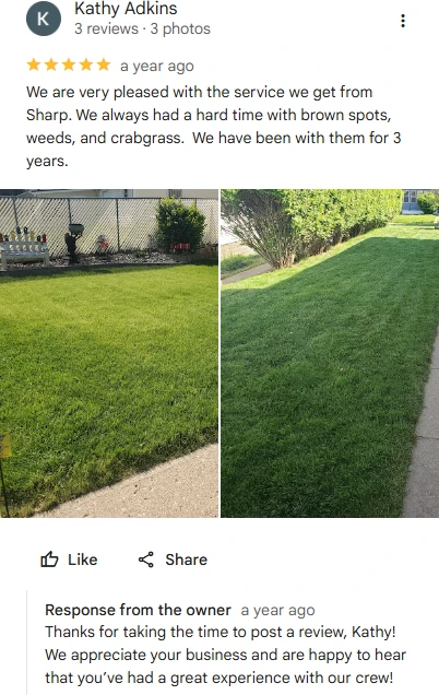 Kathy Adkins, three-year Sharp Lawn Care customer five-star Google review describing fewer brown spots, weeds, and crabgrass