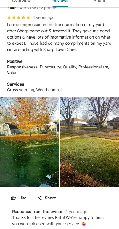 Patti McDanel five-star Google review describing her yard transformation after Sharp’s fertilization treatments and the compliments that followed