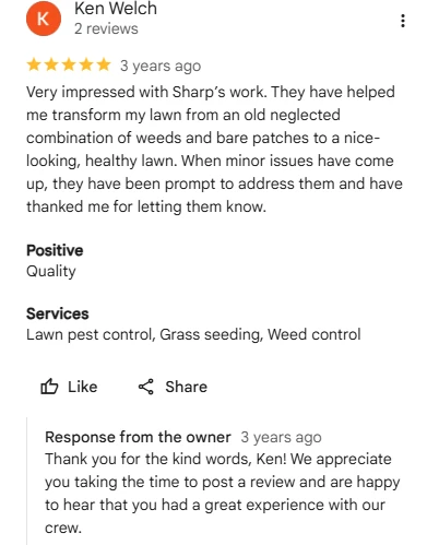 Ken Welch five-star Google review describing his lawn transformation from weeds and bare patches into a healthy lawn