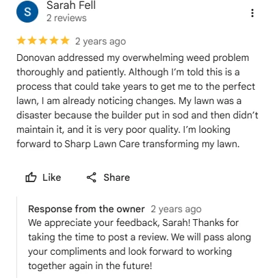 Sarah Fell, five-star Google review of Sharp Lawn Care