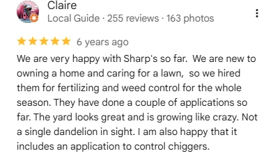 Claire, Local Guide with 255 reviews, five-star Google review praising Sharp’s fertilization and weed control with not a single dandelion in sight