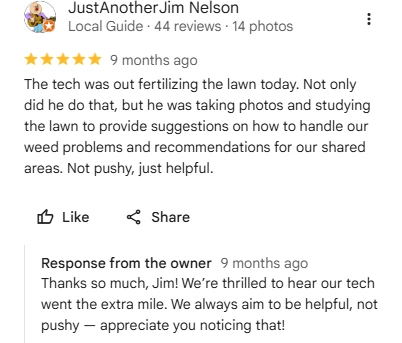 JustAnotherJim Nelson, Local Guide, five-star Google review praising Sharp technician for studying the lawn and providing helpful, not-pushy weed suggestions