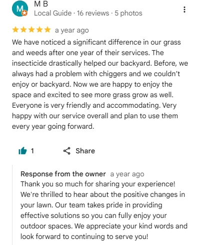M B, Local Guide, five-star Google review describing significant improvement in grass and weeds after one year of Sharp Lawn Care service