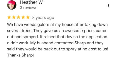 Heather W five-star Google review describing Sharp Lawn Care’s service recovery and weed control treatment