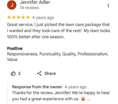 Jennifer Adler five-star Google review saying her lawn looks 100 percent better after one season with Sharp Lawn Care
