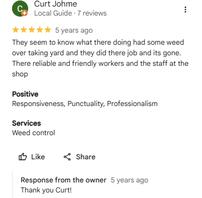 Curt Johme five-star Google review describing how Sharp Lawn Care eliminated the weeds overtaking his yard