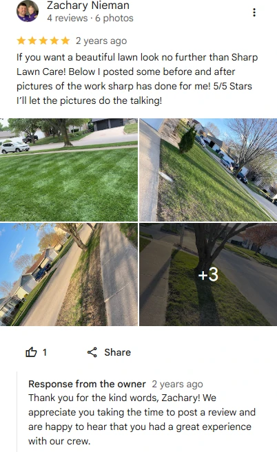 Zachary Nieman, five-star Google review of Sharp Lawn Care