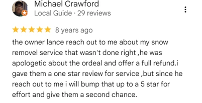 Michael Crawford, five-star Google review of Sharp Lawn Care