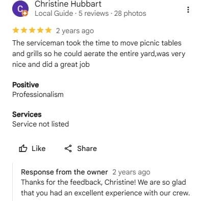 Christine Hubbart, five-star Google review of Sharp Lawn Care