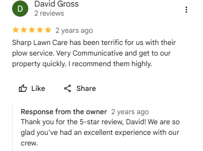 David Gross, five-star Google review of Sharp Lawn Care