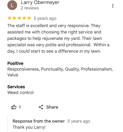 Larry Obermeyer, five-star Google review of Sharp Lawn Care