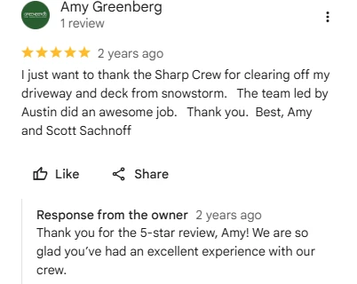 Amy Greenberg, five-star Google review of Sharp Lawn Care