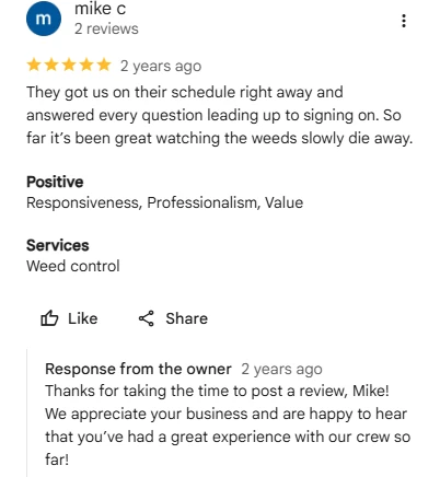Mike C, five-star Google review of Sharp Lawn Care