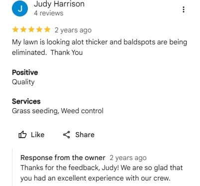 Judy Harrison, five-star Google review of Sharp Lawn Care