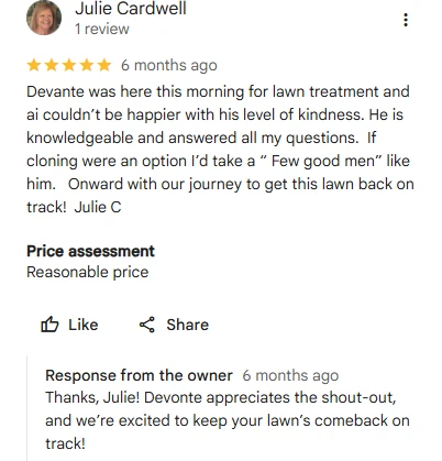 Julie Cardwell, five-star Google review of Sharp Lawn Care