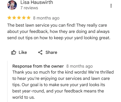 Lisa Hauswirth, five-star Google review of Sharp Lawn Care