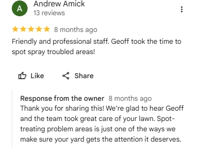 Andrew Amick, five-star Google review of Sharp Lawn Care