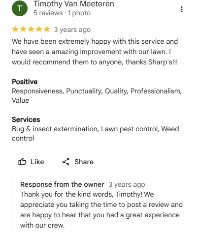 Timothy Van Meeteren, five-star Google review of Sharp Lawn Care