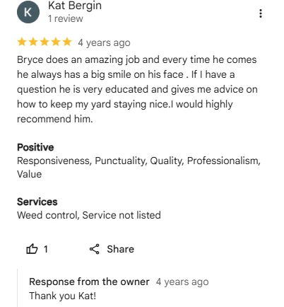 Kat Bergin, five-star Google review of Sharp Lawn Care
