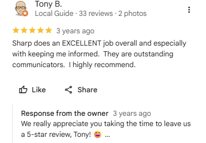 Tony B, five-star Google review of Sharp Lawn Care