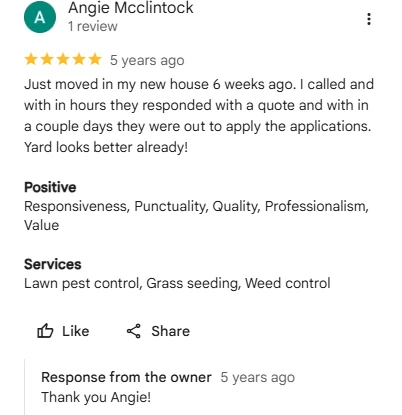 Angie Mcclintock, five-star Google review of Sharp Lawn Care
