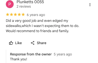 Plunketts 0055, five-star Google review of Sharp Lawn Care