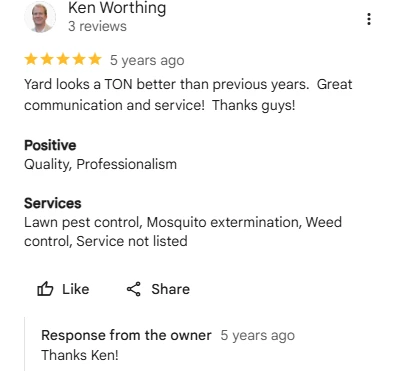 Ken Worthing, five-star Google review of Sharp Lawn Care