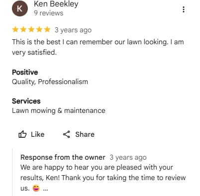 Ken Beekley, five-star Google review of Sharp Lawn Care